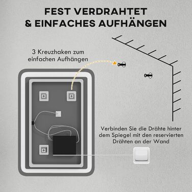 Дзеркало для ванної кімнати HOMCOM з підсвічуванням 50 x 70 см, LED, 3 кольори світла, сенсорне управління, функція пам'яті, антизапар, срібло