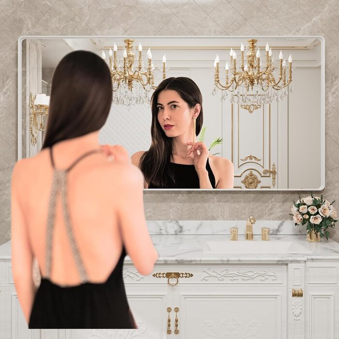 LOAAO Дзеркало для ванної кімнати 61 x 91.4 см з округлим прямокутним кольоровим каркасом, дзеркало для макіяжу, монтаж на стіну, загартоване скло, нержавіюча сталь, горизонтальне/вертикальне встановлення