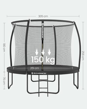 Батут SONGMICS садовий Ø305 см з захисною сіткою, драбиною та м'якими стійками, чорний