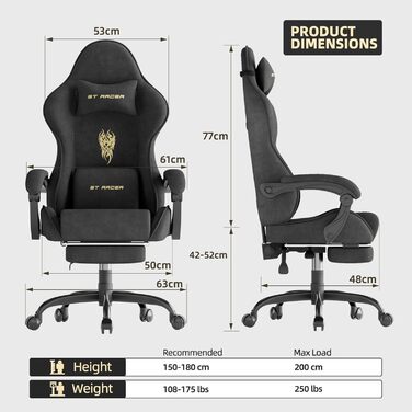 Ігровий крісло Ferghana Ergonomisch, чорний - з підголівником та поперековою подушкою