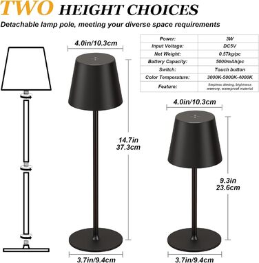 LED-лампа настільна акумуляторна бездротова, 2 шт. з регулюванням яскравості та 3 колірними температурами, сенсорне керування, зарядка USB-C, для дому, відпочинку та кемпінгу (чорний)