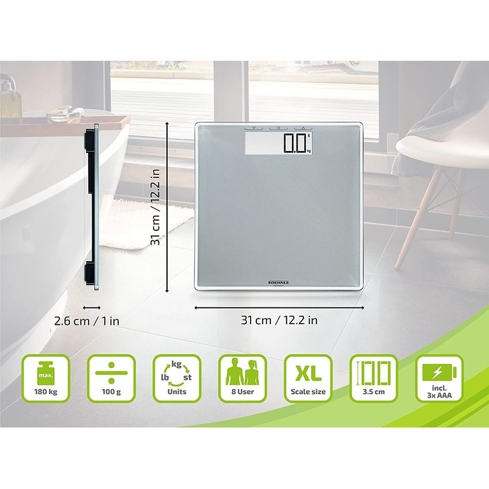 Цифрові ваги для ванної кімнати Soehnle Style Sense Connect 100 з Bluetooth і підключенням до додатків, ваги з великим РК-дисплеєм, ваги для ванної кімнати для максимальної ваги 180 кг