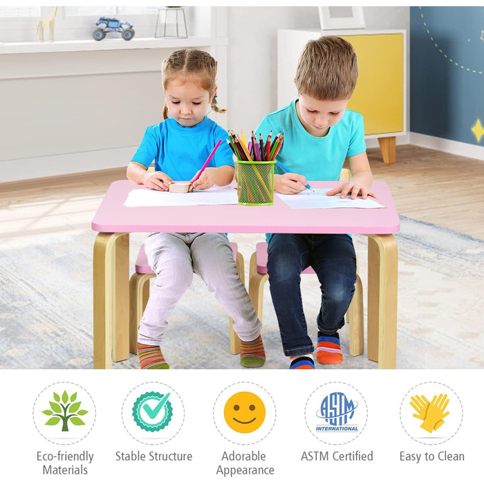Дитячий стіл LIFEZEAL з 2 стільцями: дерев'яний комплект для дитячої кімнати (3-12 років, рожевий+натуральний)
