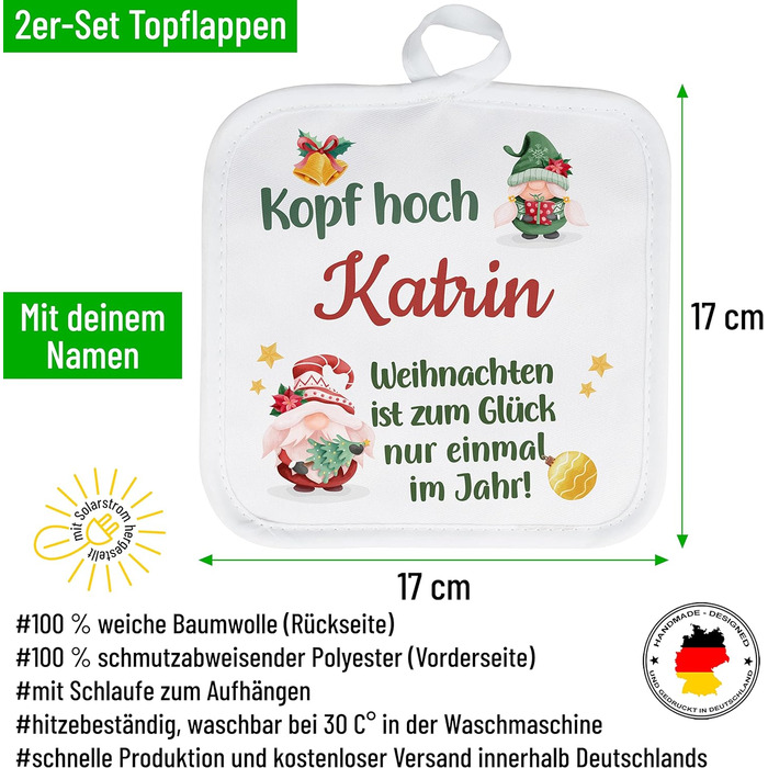 Набір з 2 іменних прихваток Kopf hoch Wunschname - кумедні прихватки з іменами - різдвяні подарунки для жінок та чоловіків (макс. 50 символів)