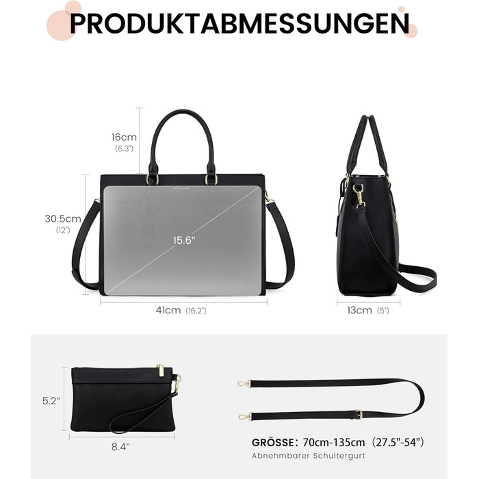 Сумка для ноутбука LOVEVOOK 15.6 дюймів, велика робоча сумка, шопер, акцентна сумка, водонепроникна сумка з PU шкіри, для бізнесу, роботи, навчання, чорна