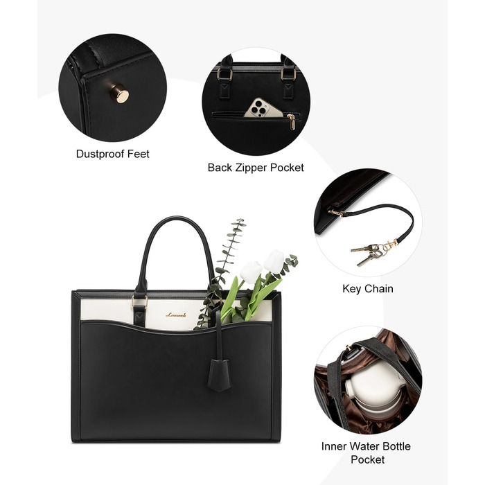 LOVEVOOK Сумка для ноутбука 15.6 дюймів, жіноча, велика, з натуральної шкіри, сумка-шоппер, сумка-тоут, для роботи, навчання, універсальна, чорно-бежева