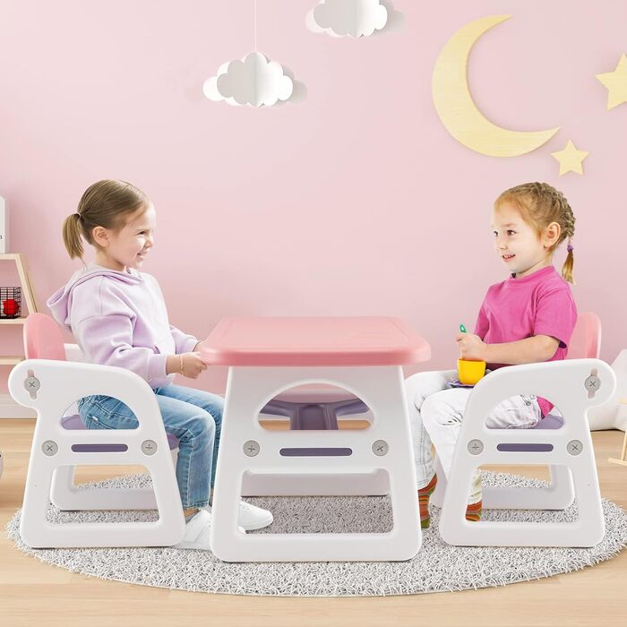 Дитяча зона відпочинку, дитячий стіл на 2 стільці, письмовий стіл з відділенням для читання, малювання, письма та рукоділля, дитячі меблі для використання в приміщенні з полицею на 1-5 років (рожевий та фіолетовий), 3 шт.