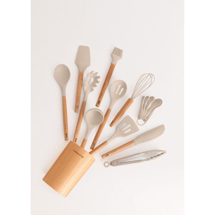 Набір кухонних аксесуарів 11 предметів, кремово-білий, силікон та бука, BPA-free, стійкий до 230°C