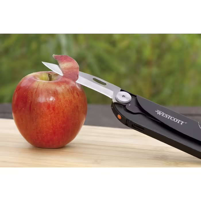 Westcott E-84034 Багатофункціональний ніж-мультитул з лезом Drop-Point 7,5 см, складаною пилкою 7,5 см, викруткою, LED-ліхтариком, лінійкою, металевою ручкою, чорний, 19 см