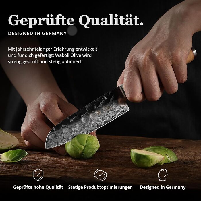 Японський ніж Santoku Wakoli Olive з дамаської сталі (серцевина VG10), 13 см – гострий та ергономічний – ніж з ручкою з оливкового дерева в подарунковій коробці, для овочів та фруктів