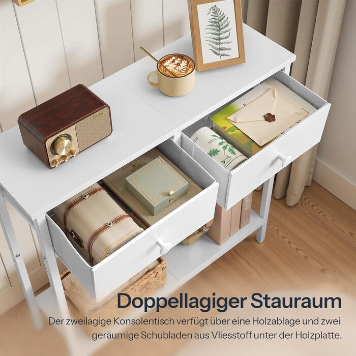 HOOBRO Консольний столик, вузький бічний столик з 2 висувними ящиками з тканини, 75 см, столик для передпокою, журнальний столик для дивану в індустріальному стилі, для передпокою, вітальні, коридору, білий EWW71XG01