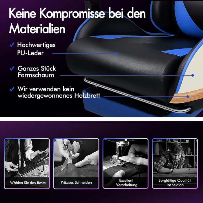 Ігровий крісло Alfordson з підніжкою, масажем, регулюванням на 150° та PU-шкірою. Макс. вага 180 кг, серія Eryx (Чорний/Синій)