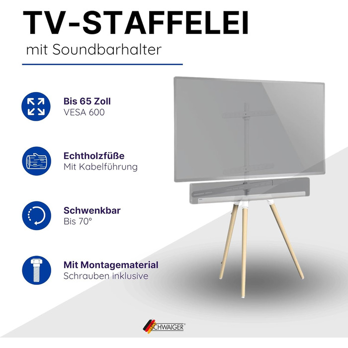 Підставка для телевізора Schwaiger 658200: дерев'яна стійка-монопод для телевізорів до 65 дюймів, до 35 кг, з кріпленням для саундбару, білий/бук, справжнє дерево, преміум-якість