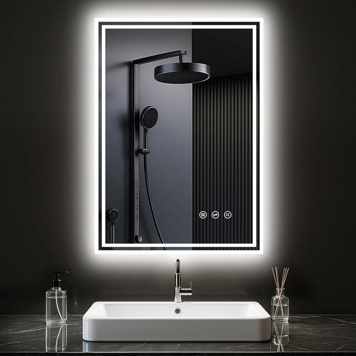 LED дзеркало для ванної кімнати з підсвічуванням 50x70 см, 3 кольори світла, регулювання яскравості, проти запотівання, сенсорне/кнопкове керування
