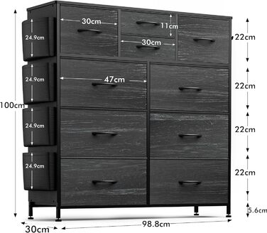 Комод Buluri з 10 шухлядами з тканини, бічними кишенями, гачками, дерев'яною стільницею та металевим каркасом (чорний)