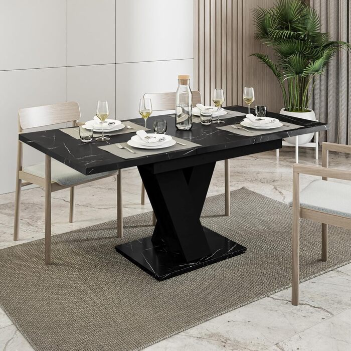 Розсувний кухонний стіл PROROOM FURNITURE Malvi - чорний, 120-160 см, для 4-6 осіб | Збірка легко | Royal Marmor | Для їдальні та кухні