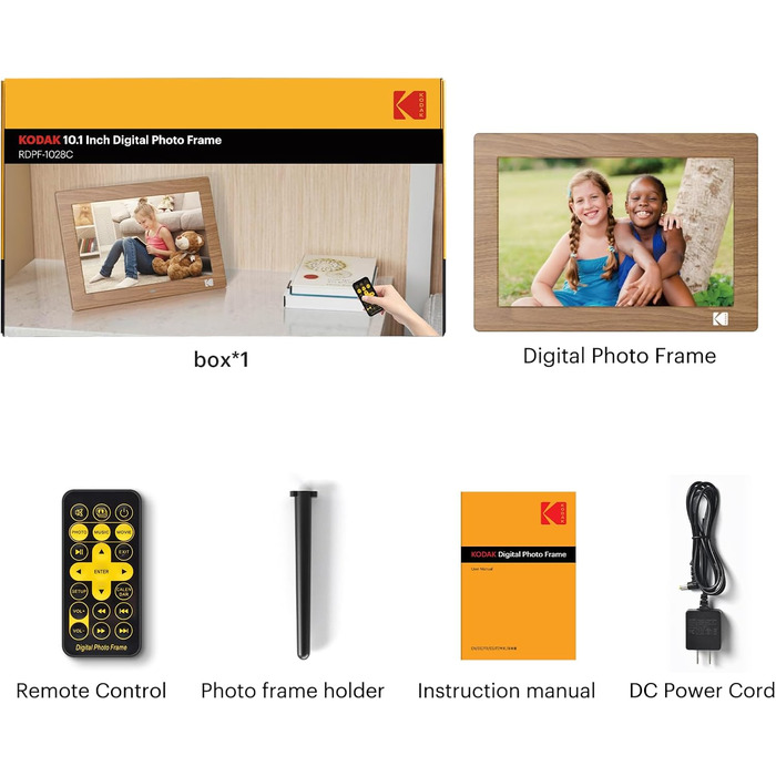 Цифровий фотоальбом KODAK 10 дюймів з пультом, без Wi-Fi, IPS-дисплей 1280x800, відтворення фото/відео/музики, USB/SD, дерев'яний корпус