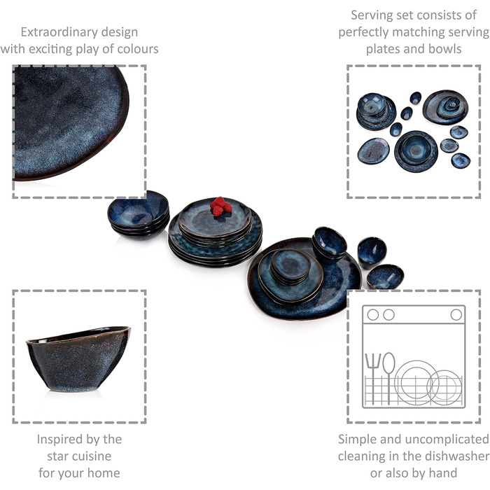 Набір тарілок SINGER Tokyo 12 шт, набір посуду на 4 персони, столовий посуд, обідній сервіз, включаючи тарілку, тарілку та чашу для торта, вечерю, темно-синій столовий сервіз з чорними акцентами (столовий сервіз 23 предмети)