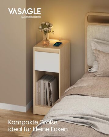 Приліжкова тумбочка VASAGLE з LED-підсвічуванням, USB-A та USB-C, шухляда та відкрите відділення, для спальні/вітальні, білий колір (LET60W0)