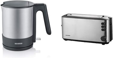 Чайник SEVERIN, потужний і компактний чайник з нержавіючої сталі у високоякісному дизайні, електричний чайник з фільтром від накипу, нержавіюча сталь/чорний, WK 3409, (у комплекті з автоматичним тостером з довгим отвором)
