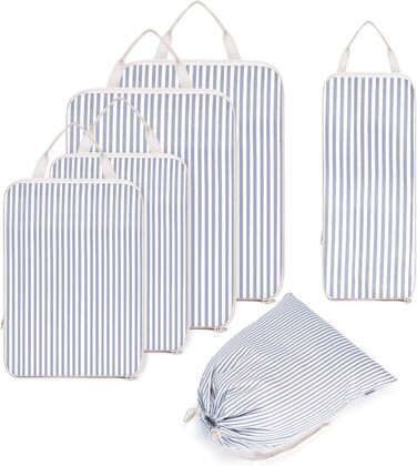 Набір органайзерів для подорожей Narwey (6 шт), компресійні органайзери для валізи та рюкзака, набір пакувальних кубів для одягу, сіро-блакитні смужки