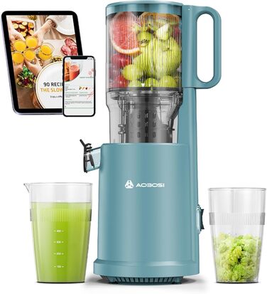 AOBOSI Швидкий соковитискач з великою завантажувальною воронкою 135 мм, 200 Вт, холодний віджим, соковитискач із функцією зворотного ходу та потрійним фільтром, BPA-free, тихий, ідеальний для свіжого соку з фруктів та овочів (45 мм, темно-синій)