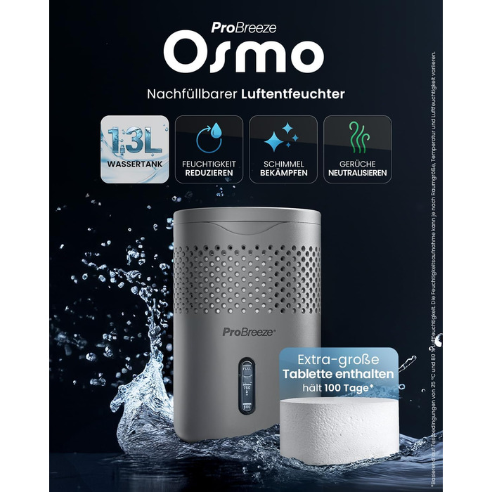Зволожувач повітря Pro Breeze Osmo – безшумний, з можливістю поповнення – для дому, спальні, шафи, авто – міні-зволожувач без живлення – таблетка 700г (до 100 днів) сірий