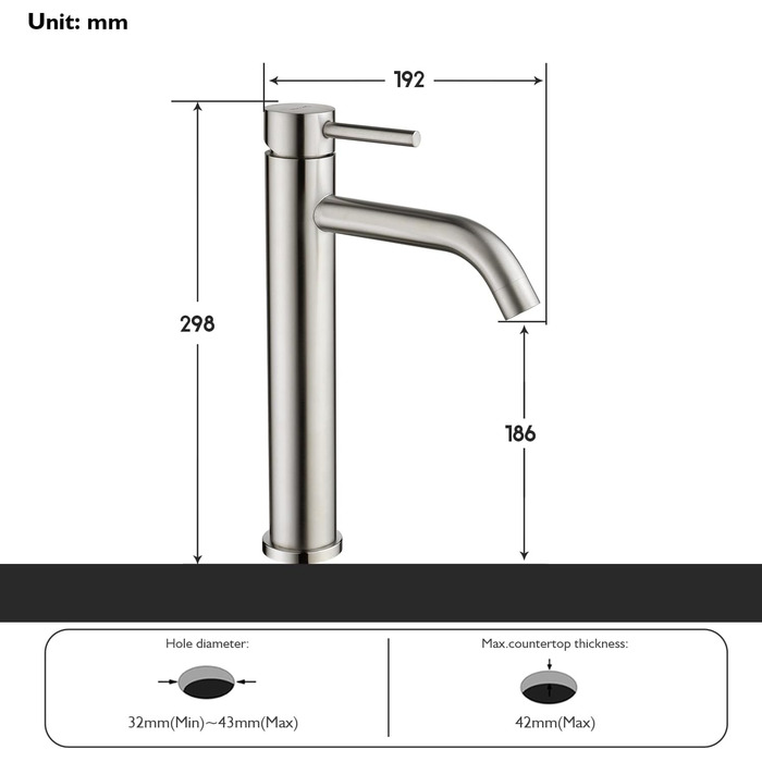 Змішувач для умивальника Decaura, хром, нержавіюча сталь, однорідний, висота виливу 250 мм, для накладної раковини