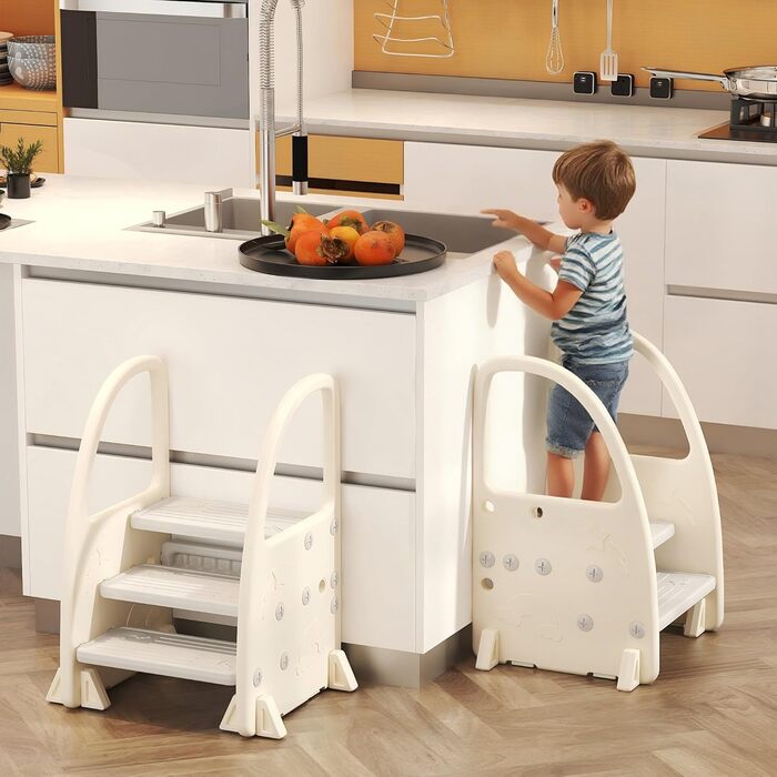 Дитячий табурет Hoopyosms Tritthocker з ручкою, сірий. Безпечний, з 2/3 сходинками для ванної, кухні та туалету