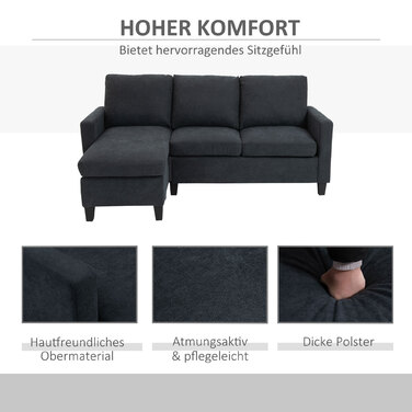 HOMCOM кутовий диван з тканини, кутова вітальня, диванний комплект, обертова кушетка, L-подібна форма, темно-сірий, 197x139x91 см | Aosom