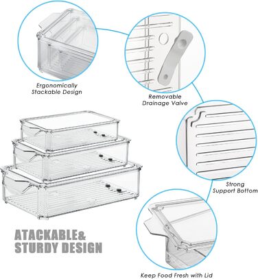 Органайзери для холодильника, набір 3 шт., з кришкою, з прозорого пластику. Підходять для холодильника, комори, морозильника, шаф.