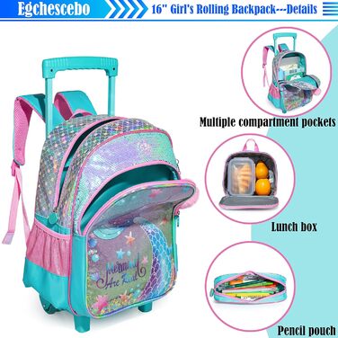 Дитячий рюкзак Egchescebo Satchel для дівчаток на колесах 17 3PCS Дорожні рюкзаки (Blue-mry)