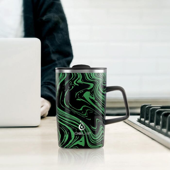 Кружка для кави та чаю Ideus® 470 мл (16 oz) з подвійними стінками, з нержавіючої сталі, з нековзним ручним тримачем та кришкою-відкидним модулем, великий об'єм (Червоний Зебра) (Зелений Зебра)