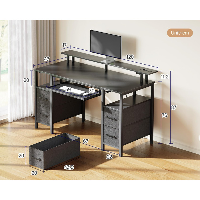 Комп'ютерний стіл Rolanstar з ящиками, 120x47 см, ігровий стіл з розеткою, LED-підсвітка та підставка для монітора, стіл для дому, офісу, вітальні, білий (чорний)