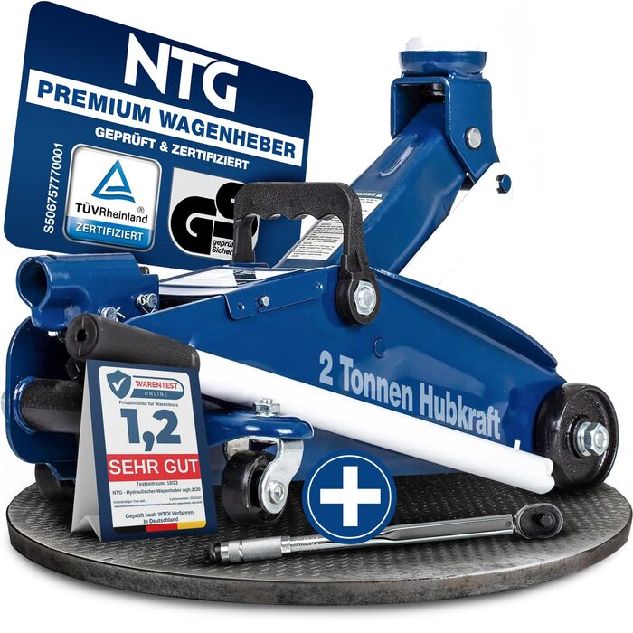 Гідравлічний домкрат NTG 2T (2000 кг) з сертифікатом TÜV - для автомобілів, шиномонтажу, з висотою підйому 130-330 мм та поворотними колесами