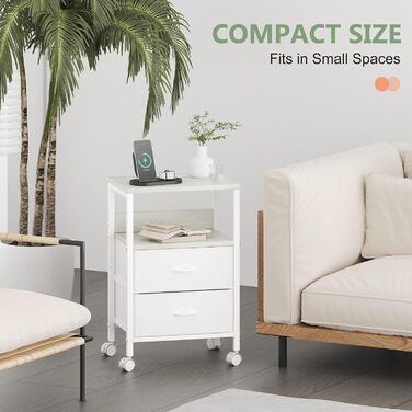 Нічний столик з ящиками та зарядкою, 2 розетки AC та 2 USB, з роликами, білий