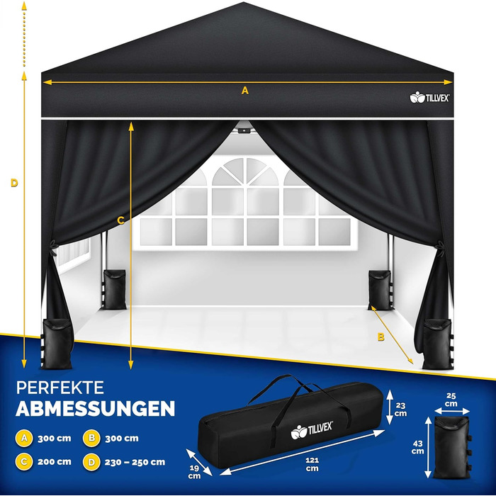 Павільйон Tillvex водовідштовхувальний з 4-ма мішками з піском | Pop-Up павільйон, стабільний та регульований по висоті | Садовий намет з UV захистом 50+ | Павільйон для вечірок з сумкою для саду (антрацит) (3x3м з 4 боковинами, 3 x 3 м, чорний, з 4 стінк