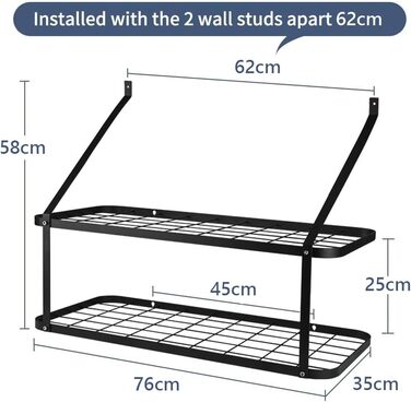 Х ярусна настінна полиця для сковорідок, 10 гачків, матовий чорний для зберігання та організації, 2-