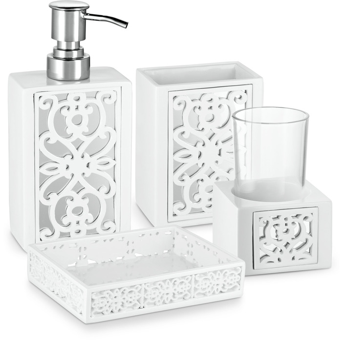 Набір аксесуарів для ванної кімнати Creative Scents – білий та сірий. 4 предмети: дозатор для мила, мильниця, тримач для зубних щіток, чашка.