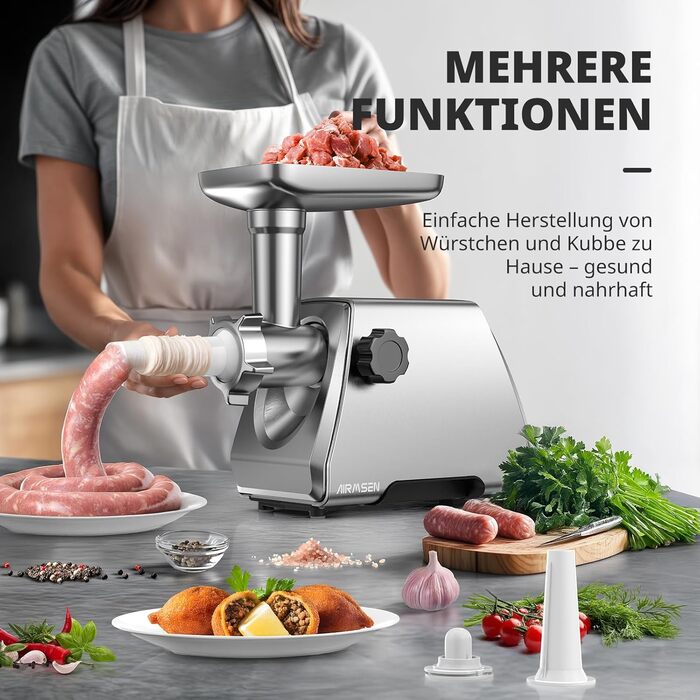 Електрична м'ясоподрібнювач AIRMSEN з насадкою для ковбас, 2 леза з нержавіючої сталі, 3 диски, аксесуар Куб, тихий промисловий двигун, для дому, нержавіюча сталь