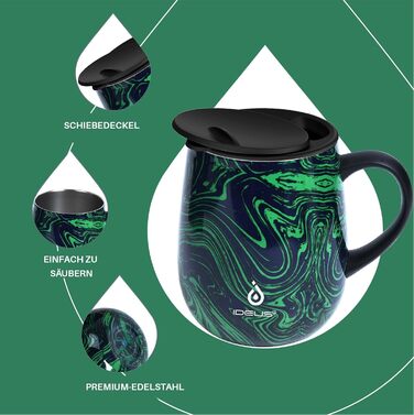 Кружка для кави та чаю Ideus 470 мл з подвійними стінками, нержавіюча сталь, з нековзним ручним тримачем та кришкою-модулем, великий об'єм (Трав'яний зелений)