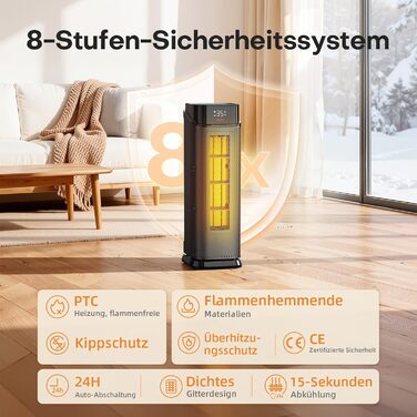 Електричний обігрівач QEXREED 2000W з PTC, 4 режими, ECO, осциляція 90°, таймер 24г, пульт, тихий, захист від перегріву та перекидання