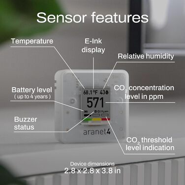 Aranet4 Home: Бездротовий датчик якості повітря для дому, офісу або школи (CO2, температура, вологість)