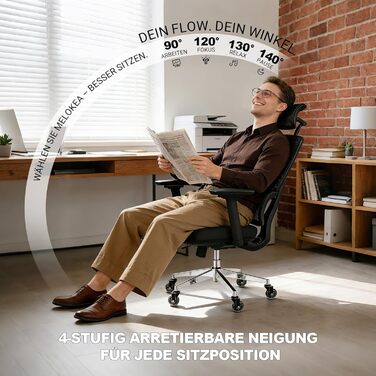 Ергономічне офісне крісло 200 кг | Регульована спинка 6P | 4D підлокітники | Безшумні гумові колеса | Регулювання глибини сидіння | Крісло для великих людей | Перевірено EN12520 | Пінощільність 45