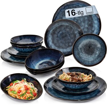 Sänger Tafelservice Tokio 24 елементи: набір посуду з 24 предметів для 8 осіб, столовий сервіз з каменю, сучасний ручної роботи, темно-синій з чорними акцентами | PREMIUM COLLECTION