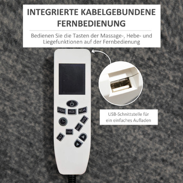 Крісло-релаксатор з підйомним механізмом, USB-порт, функцією масажу, штучна шкіра, до 150 кг, 90x98x102 см, Чорний