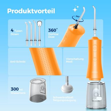 Портативна електрична ірригатор для ротової порожнини Operan Munddusche - 300 мл, 4 насадки (Оранжевий)