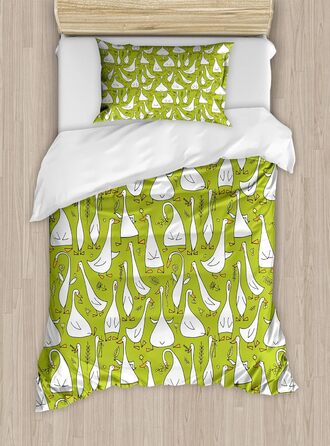 Набір гусячих підковдр для односпальних ліжок, кумедні істоти, що поводяться смішно, стійкі до кліщів алергіки, які підходять з наволочкою, (200 x 200 см - 70 x 50 см, яблуко, зелений, помаранчевий)