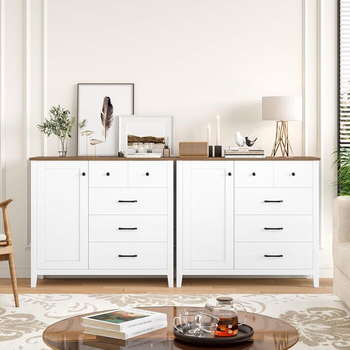 Сайдборд HOCSOK: кухонний буфет з 5 шухлядами та 1 дверцятами, з робочою поверхнею, колір білий та коричневий