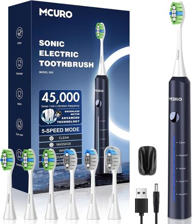 Електрична зубна щітка звукового типу, 45000 VPM, відбілювання за 1 тиждень, 120 днів роботи від акумулятора, індикатор заряду, 6 насадок DuPont, 5 режимів, таймер, (блакитна)